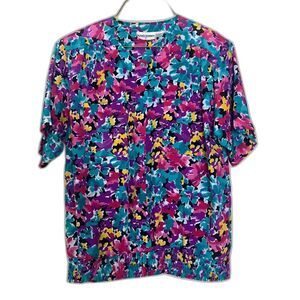Alfred Dunner VTG bright floral‎ short sleeve elastic waist blouse Plus Size 14